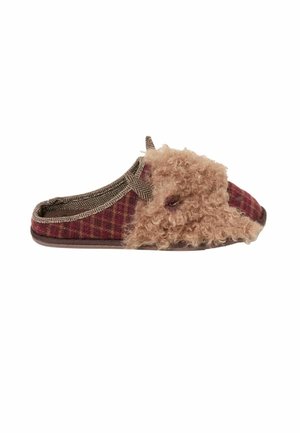 Closed-back slipper with brown plaid fabric and fluffy material shaped like a dog’s face on the front and side.