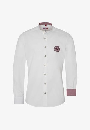 White long-sleeve shirt with a mandarin collar, featuring silver buttons and a maroon embroidered logo. Cuffs have a red and white check pattern.