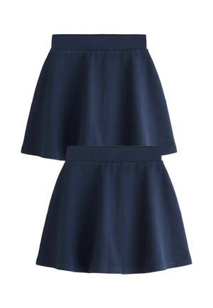 Zwei marineblaue A-Linien-Röcke mit breitem elastischem Bund, flach auf weißem Hintergrund dargestellt.