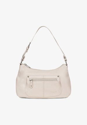 Beige Leder-Schultertasche mit geschwungener Form, verstellbarem Riemen und einer vorderen Reißverschlusstasche. Glatte Textur mit subtilen Nähdetails.