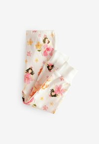 Leggings bianchi per bambini con motivi di ballerina rosa e fiori gialli, piegati con polsini elastici visibili.