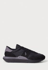 Black sneakers with gray accents, featuring a mix of textured fabric and suede, lace-up closure, and a logo on the side. Rubber sole.