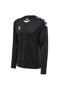 Langærmet sort sportsjersey med V-udskæring, som har hvide accenter og Hummel-logoet på brystet og skulderen. Glat tekstur.