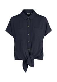 Camicia blue navy a maniche corte con bottoni, due tasche sul petto e orlo annodato. Tessuto morbido e vestibilità comoda.