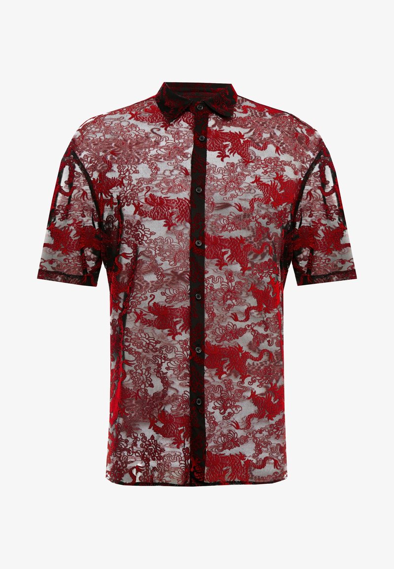 Transparante shirt met korte mouwen, gekenmerkt door een patroon van een rode en zwarte draak, een knoopsluiting aan de voorkant en een kraag. De stof is lichtgewicht en textuur.