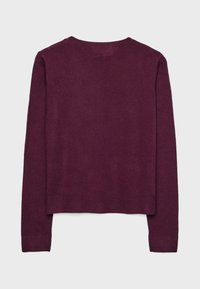 Pull en tricot à manches longues, de couleur violet foncé uni, avec des poignets et un ourlet côtelés, présenté à plat sur un fond clair.