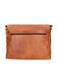 Tan leren schoudertas met een omklapbare flap, rits aan de bovenkant en een voorvak met rits. Gladde textuur met minimale stikdetails.