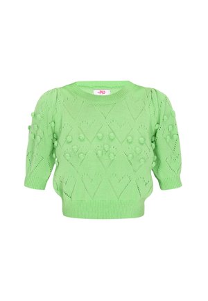 Svijetlosvijetlozeleni pleteni pulover s kratkim rukavima, teksturiran dijamantskim uzorcima i nabranim detaljima, s rebrastim izrezom i rubom.