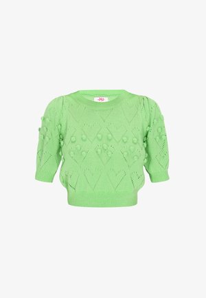 Heledu rohelise värviga kootud sviiter lühikeste varrukatega, millel on tekstuursete diamantsaalide ja puffdetailid, koos ribakujulise krae ja äärega.