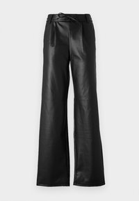 Pantalons large en simili cuir noir à taille haute, dotés de plis, d'une fermeture à cordon et d'une texture lisse et brillante.