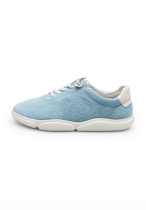 Light blue suede sneaker with a textured surface, white rubber sole, and lace-up design. Features a side zip for easy access.