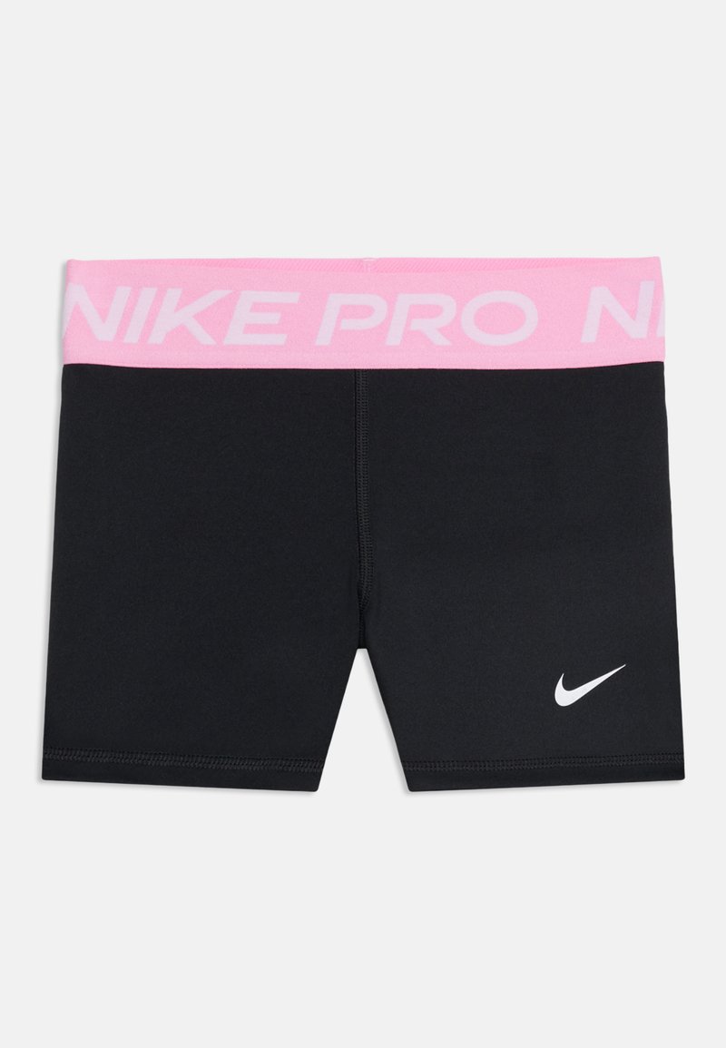 Shorts de sport noirs avec une ceinture rose portant le texte « NIKE PRO » et un logo Nike swoosh blanc sur la jambe gauche.