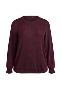 Burgundská dlhá rukávová svetrová s textúrovaným vzorom rybej kosti, okrúhlym výstrihom a priliehavými manžetami, navrhnutá pre voľný strih.