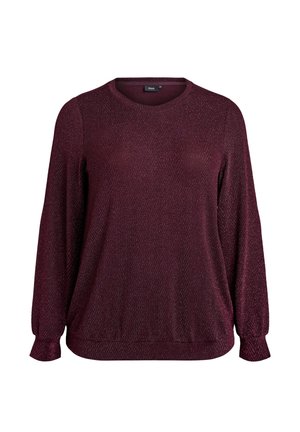 Burgundska dolga majica z dolgimi rokavi z teksturirano ribjo kostjo, okrogel izrez in prilegajoči manšeti, zasnovana za sproščen fit.