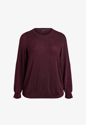 Burgundska dolga majica z dolgimi rokavi z teksturirano ribjo kostjo, okrogel izrez in prilegajoči manšeti, zasnovana za sproščen fit.