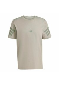 Helle beige T-Shirt aus Baumwolle mit Rundhalsausschnitt. Verfügt über ein dezentes Logo und drei Streifen in einer dunkleren Farbnuance an beiden Ärmeln.