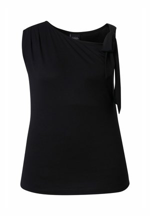 Černý top bez rukávů s jednookáním střihem a zavazovacím detailem ve formě mašle na pravém rameni, vyrobený z hladké tkaniny.