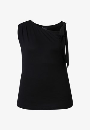 Zwarte mouwloze top met asymmetrisch ontwerp en een strikdetail op de rechter schouder, gemaakt van gladde stof.