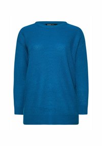 Blå stickad tröja med rund halsringning, långa ärmar och lös passform. Strukturerad tyg med ribbad nederkant och ärmslut. Enkelt design.