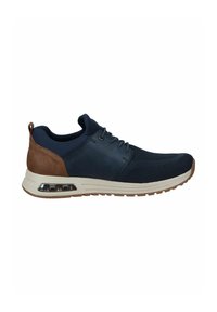 Navy blue mesh and leather athletic shoe featuring a cushioned sole, brown accents, and a clear air sole unit for added support.