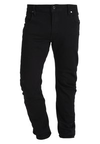 Black denim jeans featuring a straight-leg design, button closure, five pockets, and subtle stitching details throughout the fabric.