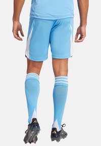 Lichtblauwe voetbalkorte broek met witte zijkanten, gecombineerd met lichtblauwe kniekousen met witte strepen en zwarte voetbalschoenen.