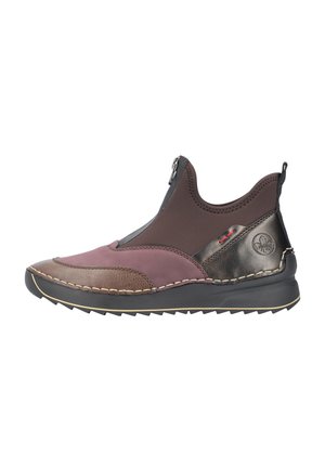 Slip-on shoes with a brown leather upper, pink and dark accents. Features a zipper closure and tan stitching around the sole. Textured rubber outsole.