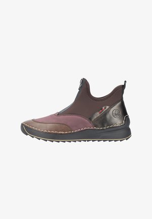 Slip-on shoes with a brown leather upper, pink and dark accents. Features a zipper closure and tan stitching around the sole. Textured rubber outsole.
