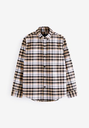 Langärmliges Hemd zum Knöpfen mit einem beigen, schwarzen und weißen karierten Muster und Knopfleiste am Kragen.