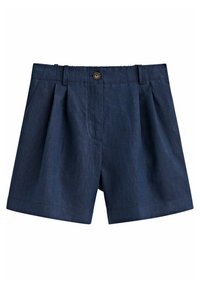 Pantaloni corti blu navy in denim con una consistenza liscia, caratterizzati da una chiusura con bottone frontale e pieghe per un tocco di dettaglio in più.