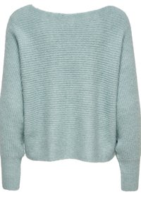 Hellblauer gestrickter Pullover mit weitem Ausschnitt, rippenförmiger Textur und langen Ärmeln. Der Stoff wirkt weich und gemütlich und weist subtile horizontale Streifen auf.
