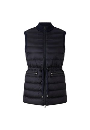 Navy Puffer-Weste mit hohem Kragen, Reißverschluss vorne und taillierter Passform. Verfügt über zwei Reißverschlusstaschen und eine weiche, gesteppten Textur.