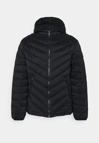 Giacca a vento nera con cappuccio, presenta una chiusura con zip, un design a rombi trapuntato e tasche laterali in tessuto testurizzato.
