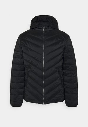 Schwarze Kapuzen-Wattierte Jacke mit Reißverschluss vorne, gewinkeltem Steppmuster und seitlichen Taschen aus strukturiertem Stoff.