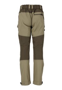 Khaki utomhusbyxor med avslappnad passform, utrustade med kontrasterande mörkbruna knäpaneler, elastisk midja och bakficka med dragkedja.