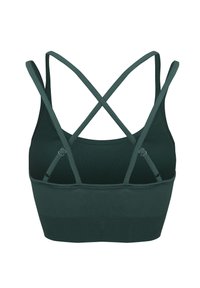 Ciemnozielony stanik sportowy z regulowanymi, skrzyżowanymi ramiączkami, fakturą w prążki i bezszwowym krojem, bez wyściółki i drutu.