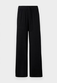 Black, wide-leg pants made of lightweight fabric with an elastic waistband and drawstring. Smooth texture and full-length design.