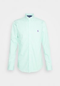 Mint green and white striped long-sleeve shirt with a button-down collar. Features a purple logo on the left chest and button cuffs.