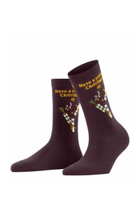 Braune Baumwollsocken mit einem Weihnachtsdesign und dem Text "Frohe Weihnachten" sowie bunten dekorativen Elementen.