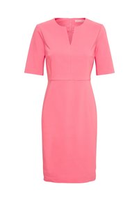Rosa knälång klänning med korta ärmar, rund halsringning och en frontslitsdetalj. Slät tyg med dold dragkedja bak.