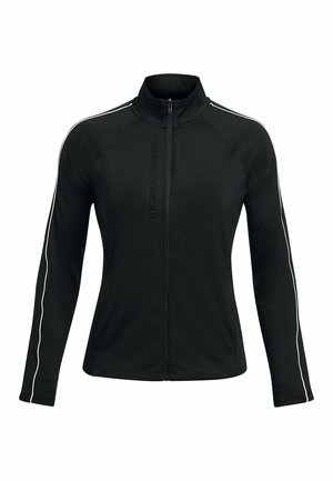 Črn zip-up jopič iz gladkega, raztegljivega materiala. Ima bele stranske črte in stoječi ovratnik, z embosiranim logotipom spredaj.