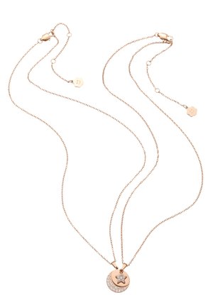 Zarte doppelte Halskette aus Roségold mit Halbmond- und Sternanhängern, verziert mit kleinen klaren Kristallen.