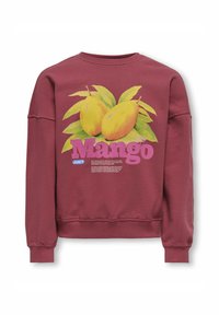 Mörkröd sweatshirt med rund halsringning, prydd med en grafik av mangofrukter och gröna blad. Texten inkluderar "Mango" i fet rosa samt ytterligare detaljer nedanför.
