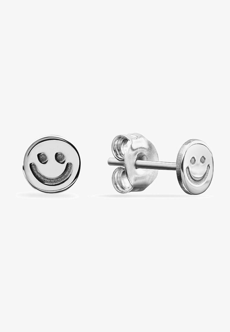 Sterling silver smiley face earrings with a polished finish. Round design featuring two black dot accents for eyes. Butterfly clutch back.