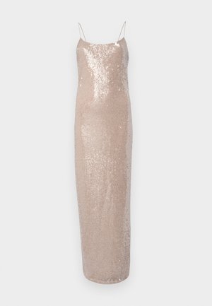 Sukienka wieczorowa z cekinami na cienkich ramiączkach, w delikatnym beżowym kolorze. Charakteryzuje się dopasowanym krojem oraz gładką, błyszczącą teksturą.