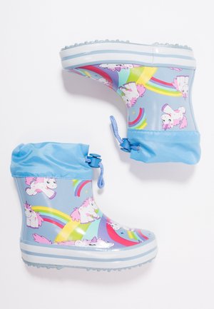 Bottes de pluie bleues pour enfants avec motifs licorne rose et arc-en-ciel et poignets en tissu bleu clair réglables avec cordons.