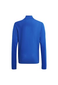 Blaues Langarmshirt mit hohem Kragen, strukturiertem Stoff und tailliertem Design. Die Rückansicht zeigt glatte Nähte und keine sichtbaren Beschläge.