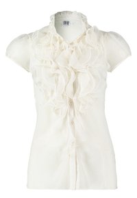 Blouse blanche à manches courtes avec un design à volants à l'avant, fabriquée à partir d'un tissu léger. Dotée d'un col rond et d'une fermeture à boutons.