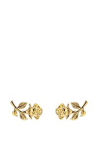 Gold-tone earrings shaped like roses with detailed leaves. The design features a polished finish and intricate texturing on petals and stems.