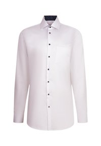 Witte lange mouwen shirt met een gladde textuur, zwarte knopen, een enkele borstzak en een gemusterde donkere kraag binnenkant.